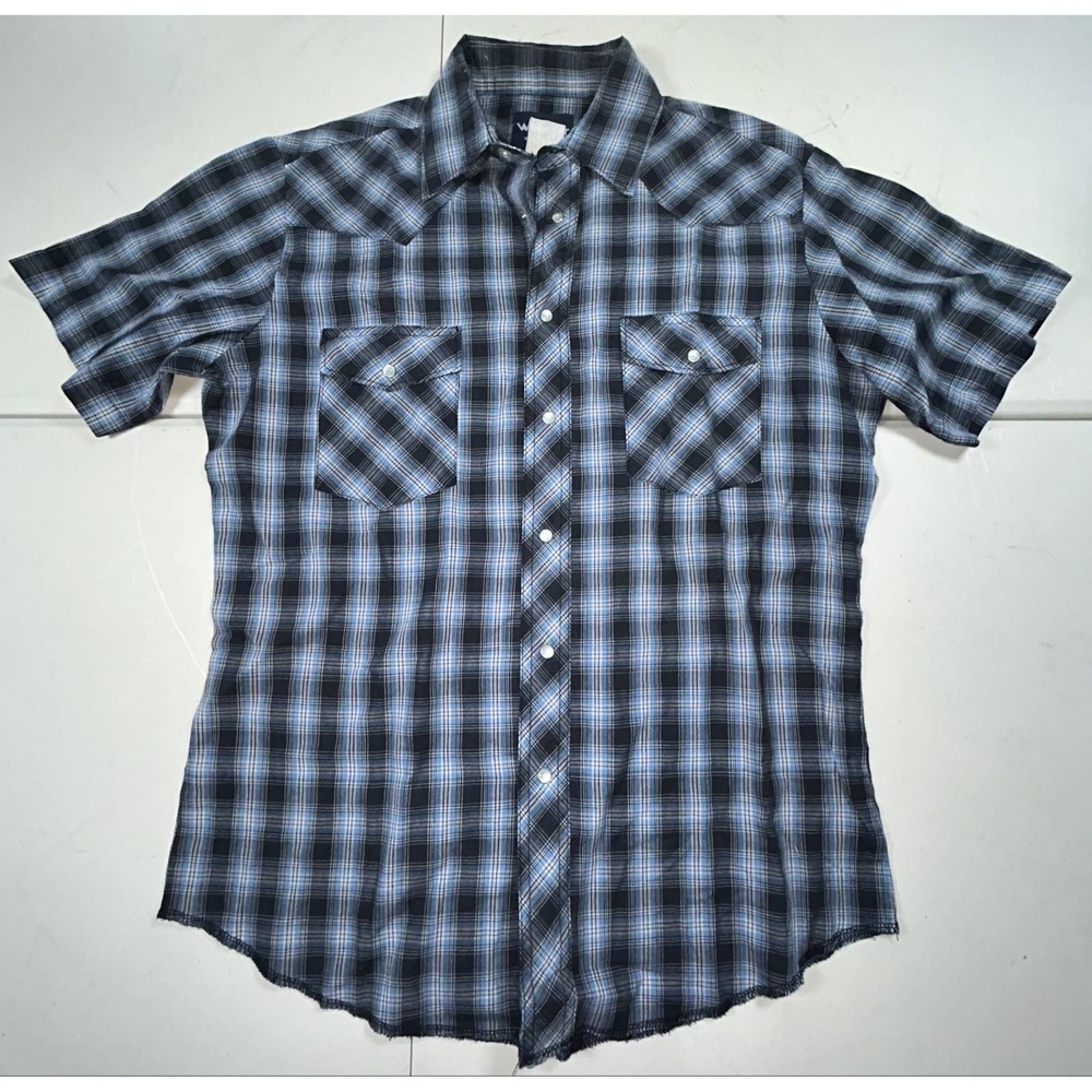 Wrangler Shirt Mens M Blue Plaid Short Sleeve Western Snap Button Up Casual